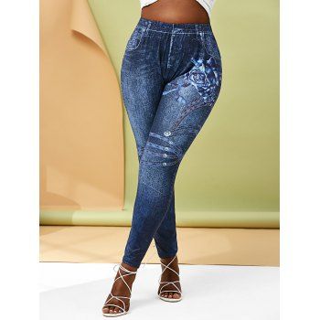 

Plus Size Floral 3D Denim Print Leggings, Deep blue