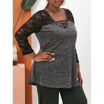 

Plus Size Lace Panel Crisscross Space Dye Tee, Gray