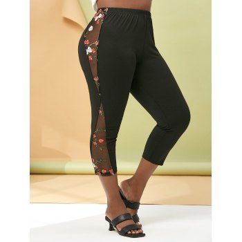 

Floral Embroidered Mesh Panel Plus Size Capri Leggings, Black