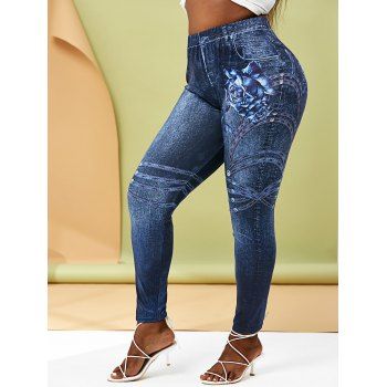 

Plus Size Floral 3D Denim Print Leggings, Deep blue