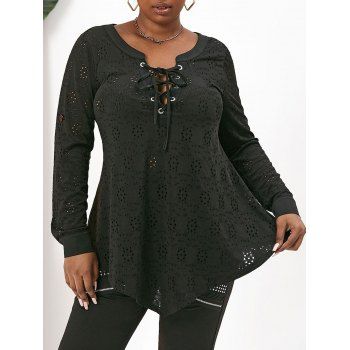 

Plus Size Eyelet Lace Up Roll Up Sleeve Top, Black