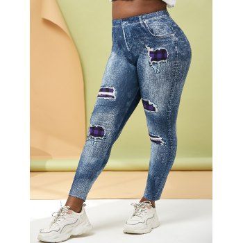 

Plus Size Plaid 3D Ripped Print Jeggings, Blue