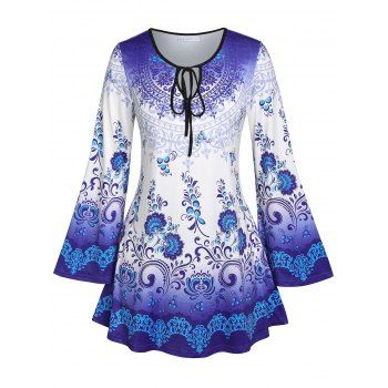 

Plus Size Ombre Print Keyhole Tie Bell Sleeve Tee, Blue