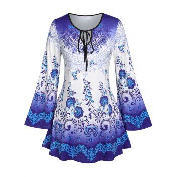 

Plus Size Ombre Print Keyhole Tie Bell Sleeve Tee, Blue