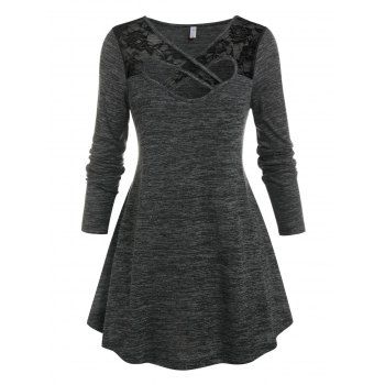 

Plus Size Cross Lace Insert Space Dye Tee, Gray