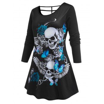 

Plus Size Halloween Skull Rose Print Cutout Tee, Black