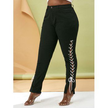 

Contrast Lace Up Side Plus Size Tapered Jeans, Black