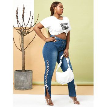 Contrast Lace Up Side Plus Size Tapered Jeans
