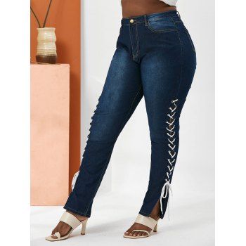 

Contrast Lace Up Side Plus Size Tapered Jeans, Deep blue