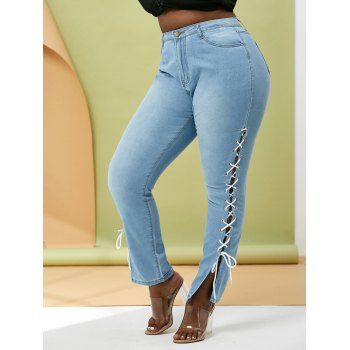 

Contrast Lace Up Side Plus Size Tapered Jeans, Light blue