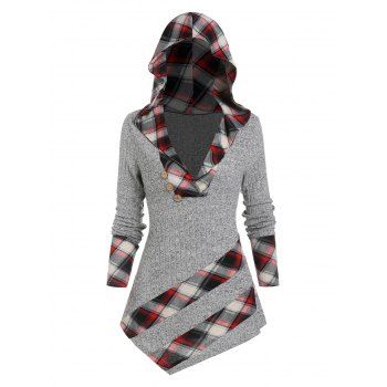 

Hooded Plaid Print Ribbed Asymmetrical Knitwear, Light gray