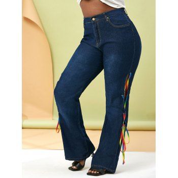 

Colorful Lace Up Side Plus Size Flare Jeans, Deep blue