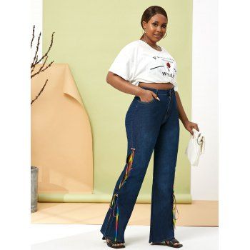 Colorful Lace Up Side Plus Size Flare Jeans