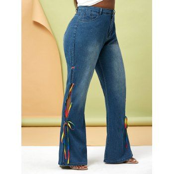 

Colorful Lace Up Side Plus Size Flare Jeans, Blue