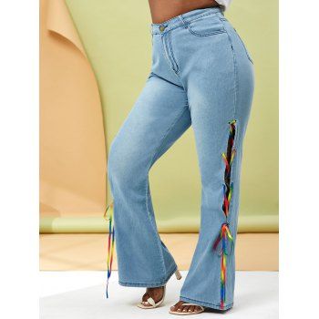 

Colorful Lace Up Side Plus Size Flare Jeans, Light blue