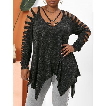

Plus Size O Ring Strappy Ladder Cutout Handkerchief Tee, Black