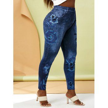 

Plus Size 3D Flower Printed High Rise Jeggings, Deep blue