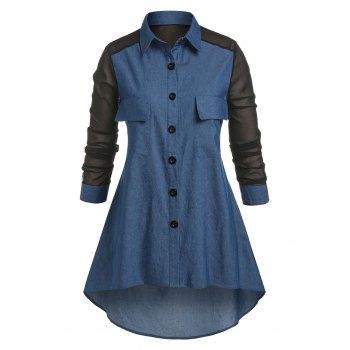 

Plus Size Colorblock Pockets High Low Shirt, Deep blue