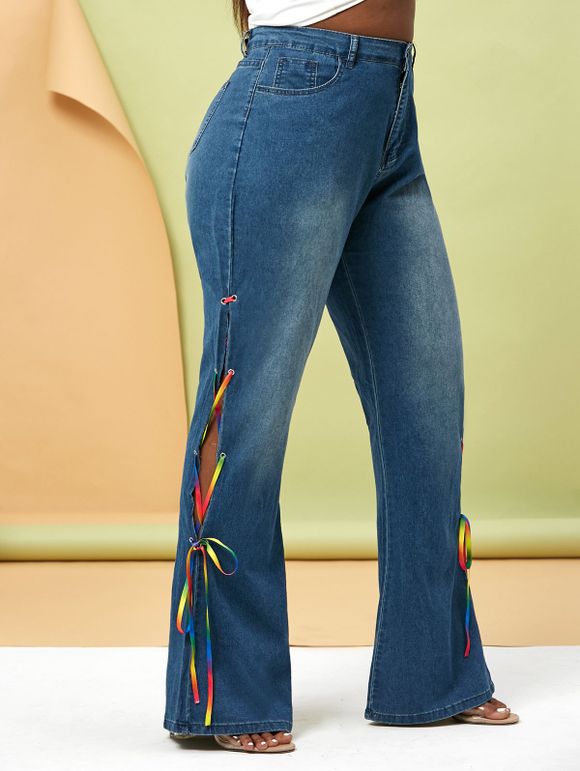 Jean Evasé Coloré de Grande Taille à Lacets à Côté - Bleu XL