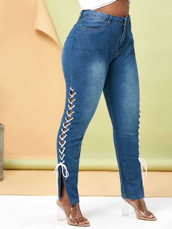 Jean Fuselé Contrasté à Côté de Grande Taille à Lacets - Bleu 5XL