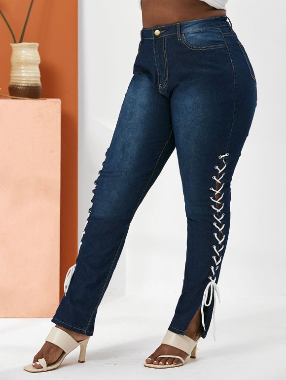 Jean Fuselé Contrasté à Côté de Grande Taille à Lacets - Bleu profond 5XL