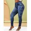 Legging à Imprimé 3D Denim Floral Grande Taille - Bleu profond 3X