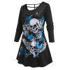 T-Shirt avec Découpes à Imprimé Crânes D'Halloween et Roses Grande-Taille - Noir 4X