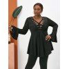T-shirt Croisé Manches de Cloche Grande Taille avec Œillet - Noir 1X