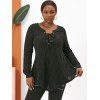 Plus Size Eyelet Lace Up Roll Up Sleeve Top - BLACK L