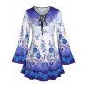 Plus Size Ombre Print Keyhole Tie Bell Sleeve Tee - BLUE 3X