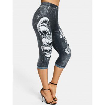 

Skulls Flowers 3D Print Capri Skinny Jeggings, Black