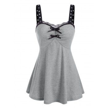 

Lace Insert Grommet Bowknot Ruched Tank Top, Light gray