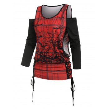 

Halloween Off The Shoulder T-shirt and Lace Up Printed Tank Top Set, Red