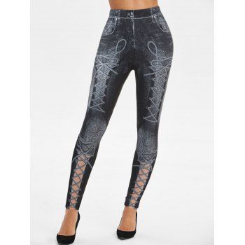 

Lace-up 3D Print Skinny Jeggings, Black