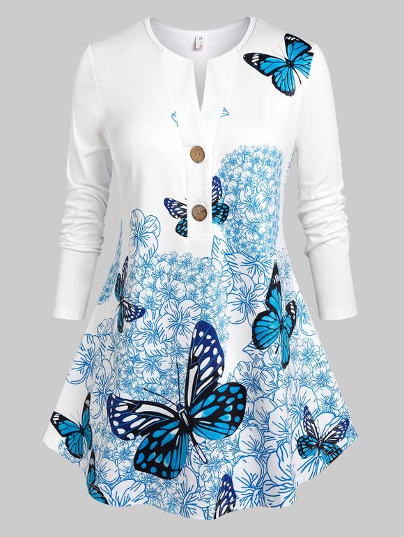 T-Shirt à Imprimé Fleurs et Papillons Grande-Taille - Blanc 4X