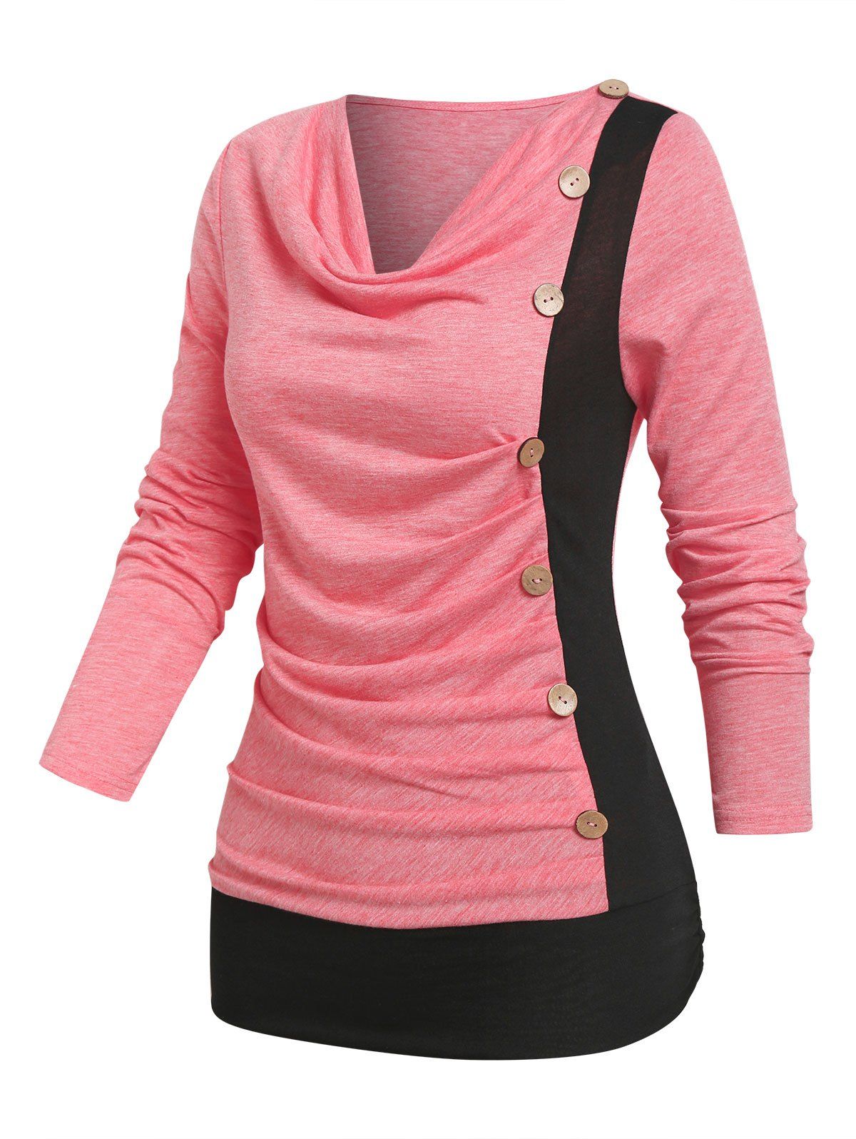 Mock Button Ruched Contrast T-shirt - LIGHT PINK L