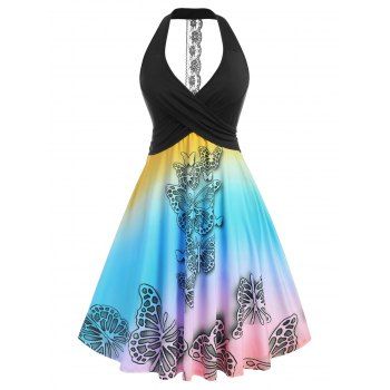 

Plus Size Butterfly Print Crisscross Dress, Light blue