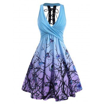 

Branch Butterfly Print Lace Up Empire Waist Dress, Multicolor
