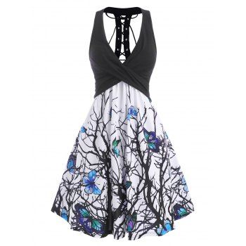 

Branch Butterfly Print Lace Up Empire Waist Dress, Black