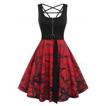 

Bat Branch Print Zippered Halloween Dress, Red