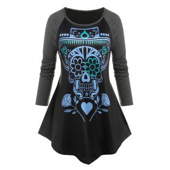 

Plus Size Skull Flower Raglan Sleeve Tee, Black