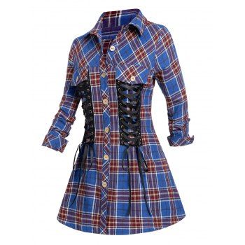 

Plus Size Lace Up Plaid Buttoned Shirt, Blue