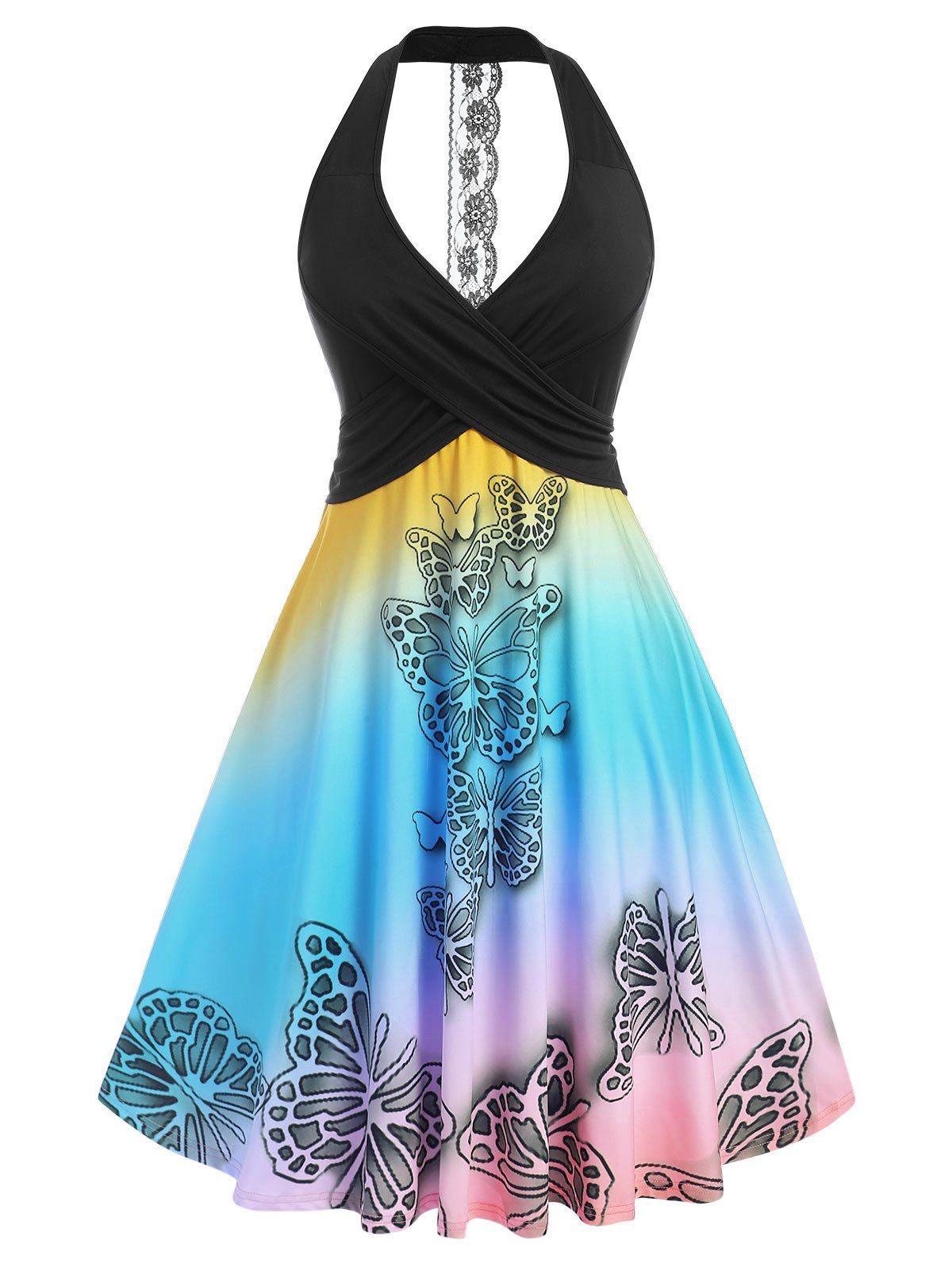 Plus Size Butterfly Print Crisscross Dress - LIGHT BLUE 4X