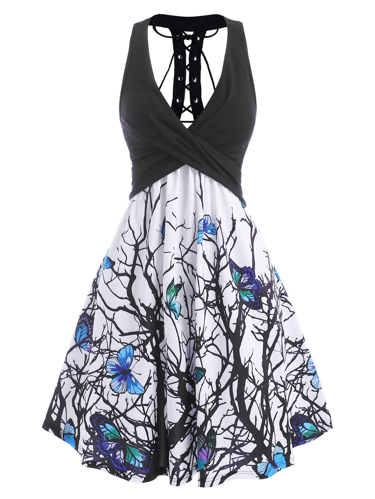 Branch Butterfly Print Lace Up Empire Waist Dress - BLACK XXXL