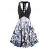Ombre Butterfly Branch Twisted Lace Up Empire Waist Flare Dress - BLACK XL