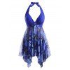 Halter Butterfly Print Bowknot Mesh Handkerchief Tankini Swimwear - LIGHT BLUE 2XL