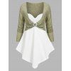 Ribbed Pointed Hem Faux Twinset Knitwear - LIGHT GREEN M