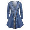 T-shirt à Imprimé 3D Denim Zippé de Grande Taille à Col V - Bleu profond 4X