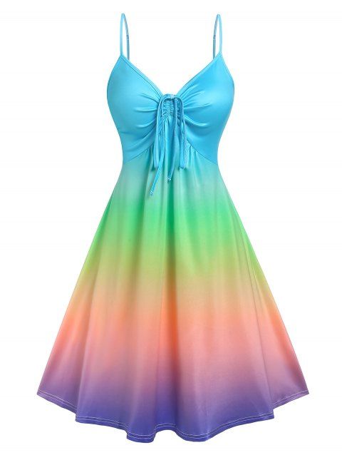 Ombre Rainbow Color A Line Sundress Cinched Tie Ruched Bust Slip Dress