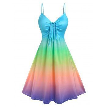 

Ombre Rainbow Color A Line Sundress Cinched Tie Ruched Bust Slip Dress, Light blue